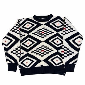VTG 90s Grandpa Sweater Mens Medium Geometric Tight Knit Diamond White Navy